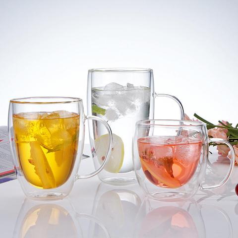 Taza de agua leche de vidrio transparente, doble pared, resistente al calor, con mango, 2 uds. ► Foto 1/6