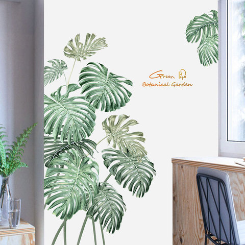 Pegatina de pared con planta verde para decoración del hogar, calcomanía de vinilo para pared con diseño Tropical, rosa, peonía, flor, playa, hojas de palma, arte moderno ► Foto 1/6