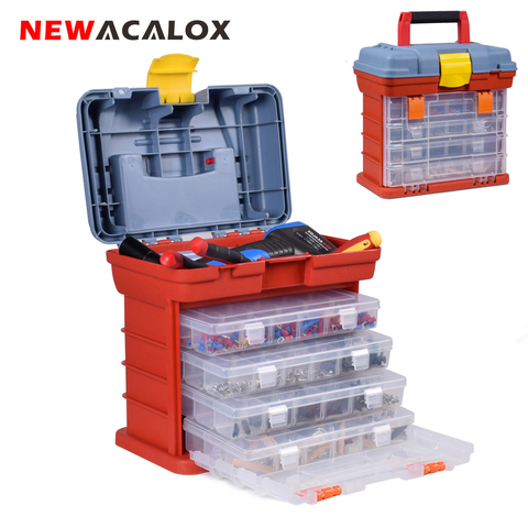 NEWACALOX-caja de herramientas para exteriores, aparejos de pesca de 4 capas, caja de herramientas portátil, tornillos, caja de almacenamiento de plástico con mango de bloqueo ► Foto 1/6