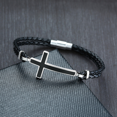 Pulsera informal con Cruz lateral para hombre, brazalete de cuerda trenzada de cuero negro, regalos de oración, joyería ► Foto 1/6