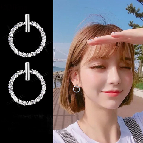 LByzHan-pendientes de tuerca redondos geométricos para mujer, de Plata de Ley 925, con diamantes de imitación de cristal, joyería bonita ► Foto 1/6