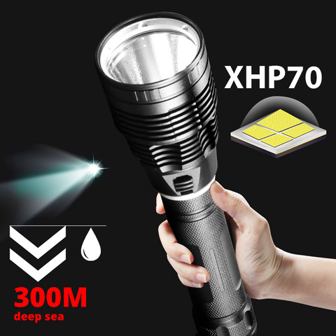 Super brillante XHP70 linterna de buceo IPX8 calificación más alta impermeable Luz de buceo profesional alimentado por 26650 cuerda de mano de la batería ► Foto 1/6