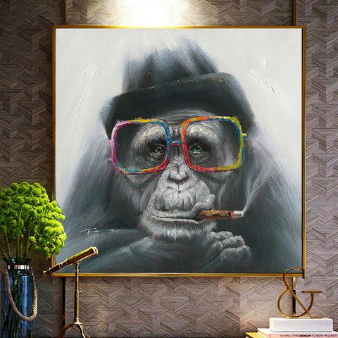 Pintura al óleo abstracta de Monkey Gorilla Smoking, pósteres de lona con impresiones escandinavas, Cuadros de arte de pared para sala de estar ► Foto 1/6