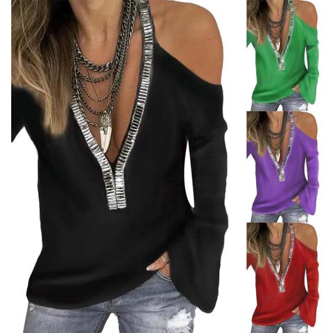 Camiseta de manga larga con cuello de pico y hombros descubiertos para mujer, Top Sexy de Color liso de talla grande, camiseta de Color sólido Decoración de lentejuelas ► Foto 1/6