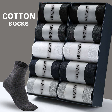 MWZHH 10 pares de calcetines de algodón para hombre, nuevo vestido de negocios, Calcetines para hombre, 100 calcetines de algodón, calcetines largos y cálidos negro para regalos ► Foto 1/6