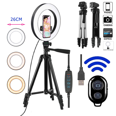 Trípode con lámpara led circular para fotos, utensilio de fotografía con bluetooth, control remoto, soporte de 26 cm, ideal para hacerse un selfie con el teléfono, para YouTube ► Foto 1/6