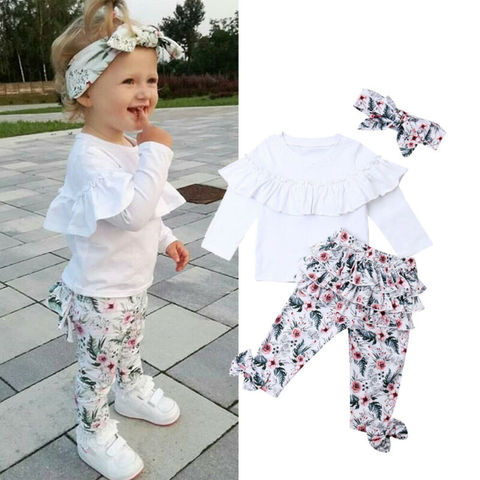 Conjunto de ropa para bebé, Pantalón liso con estampado de Top para niña, Tops florales con volantes, pantalones, Leggings, trajes de 3 uds., ropa de 1 a 5 años ► Foto 1/6