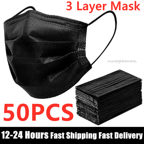 En Stock 50 Uds desechable máscara cara máscara negro no tejida 3 capas máscara de boca filtro Anti polvo transpirable protección máscaras de adulto ► Foto 1/6