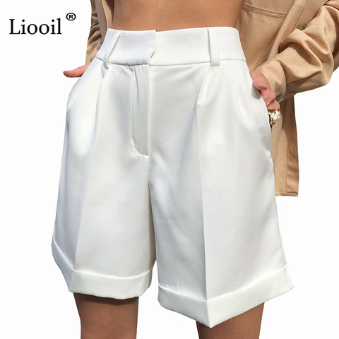 Pantalones cortos de pierna recta con cremallera para mujer, pantalón corto holgado informal con bolsillos y botones, color blanco, 2022 ► Foto 1/6