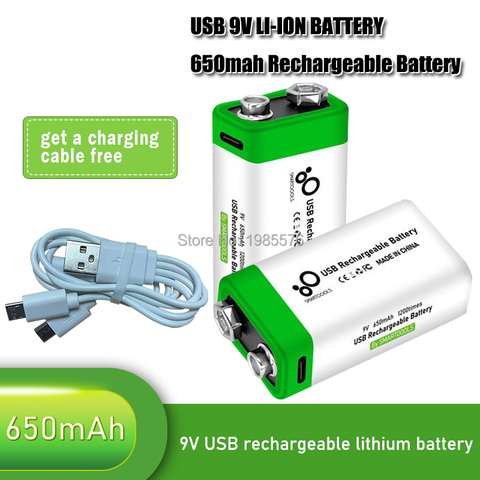 Batería recargable de litio para multímetro, 2-10 Uds., 9 V, 6F22, 650mAh, USB, Control remoto, para micrófonos de juguete ► Foto 1/6