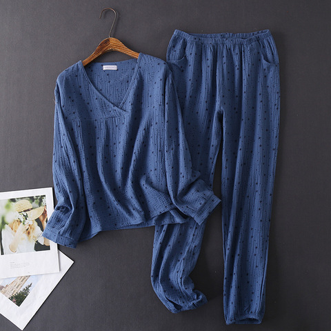Conjunto de pijama de estilo japonés para mujer, ropa de dormir cómoda de algodón crepé, pantalones de manga larga, primavera y otoño, 100% ► Foto 1/6