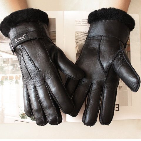 Nuevo Bickmods marca de piel de oveja de piel de guantes de cuero de los hombres de invierno gruesa caliente para exterior, viento frío y costura hecha a mano dedo ► Foto 1/6