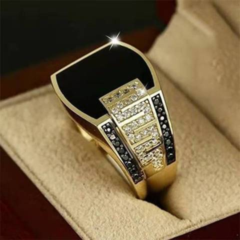 Anillo de lujo para hombre, joyería brillante de Color dorado con placa negra, ajuste lateral de cristal para hombre ► Foto 1/6