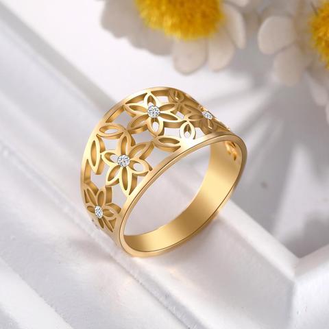 Skyrim-anillo de acero inoxidable para mujer y niña, sortija elegante con circonita transparente, flor de la vida, informal, dorado, regalo de aniversario para amantes ► Foto 1/6