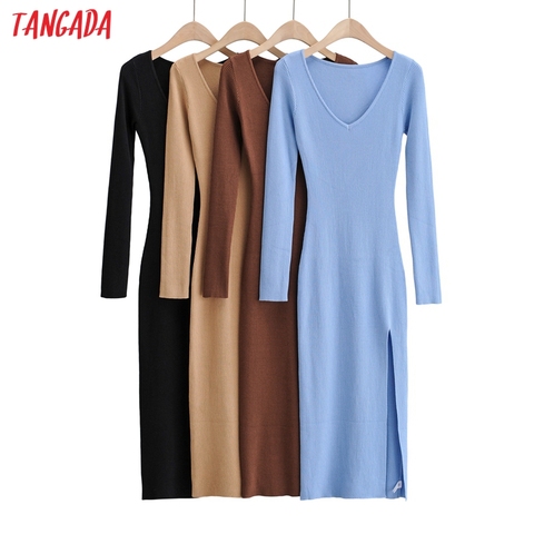 Moda de mujer Tangada Lisa elegante cuello de pico suéter vestido de manga larga de señora lateral abierto midi vestido 4P20 ► Foto 1/5