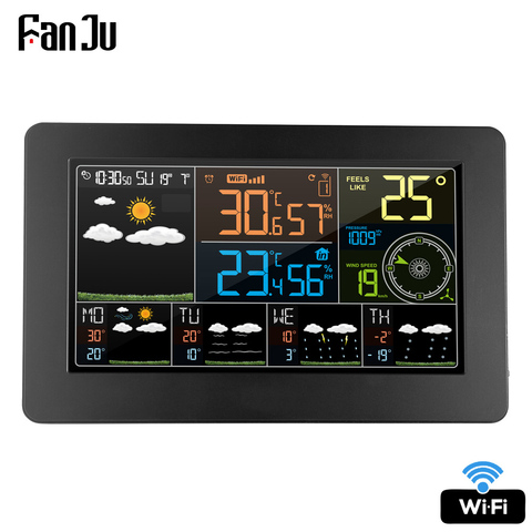 FanJu FJW4-despertador de pared Digital, estación meteorológica con wifi, para interior y exterior, temperatura, presión de humedad, pronóstico del tiempo y viento, LCD ► Foto 1/6