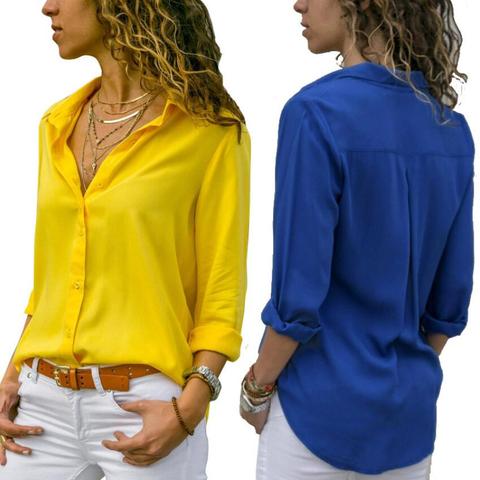 Casual blusa de las mujeres de verano de manga larga giro-abajo Collar de camisa abierta paquete cadera larga de Color sólido blusa Top de gasa de verano S-5XL ► Foto 1/5