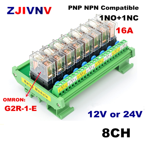 Módulo de interfaz de montaje de riel DIN, 8 canales, 1NO + 1NC, G2R-1-E con OMRON, entrada de 16A, CC de 12V, 24V, PNP, NPN, Compatible ► Foto 1/4