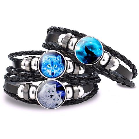 Pulsera Punk para hombre y mujer, brazalete de cuero negro trenzado con cabujón de cristal de lobo ► Foto 1/6