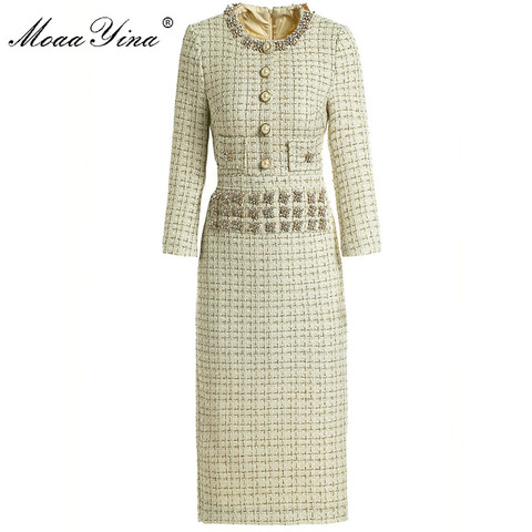 MoaaYina-vestido de diseñador de moda para primavera y otoño, vestido de mujer con botones de cristal y alambre dorado, vestidos ajustados de tweed ► Foto 1/6