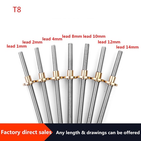 Rosca de tornillo de plomo para impresora 3D, varilla Trapezoidal T8 de 8mm de longitud de 300mm, 350mm, 1mm/2mm/4mm/8mm/10mm/12mm/14mm con latón NutCNC ► Foto 1/3