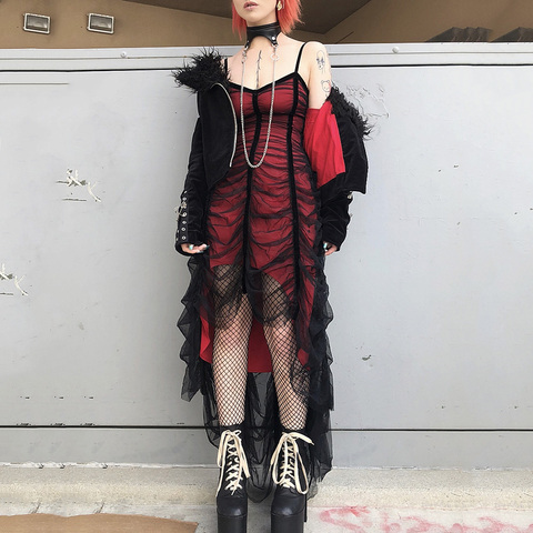 Rosetic-vestido de tirantes gótico plisado para mujer, Chica oscura Sexy de malla, rojo y negro, diseño asimétrico con varias telas, vestidos largos de diseñador 2022 ► Foto 1/6