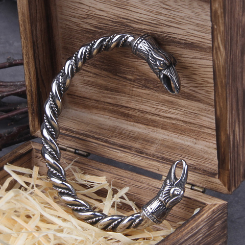 Vikingo nórdico de acero inoxidable para hombre, pulsera de cuervo, brazalete con caja de madera vikinga ► Foto 1/6