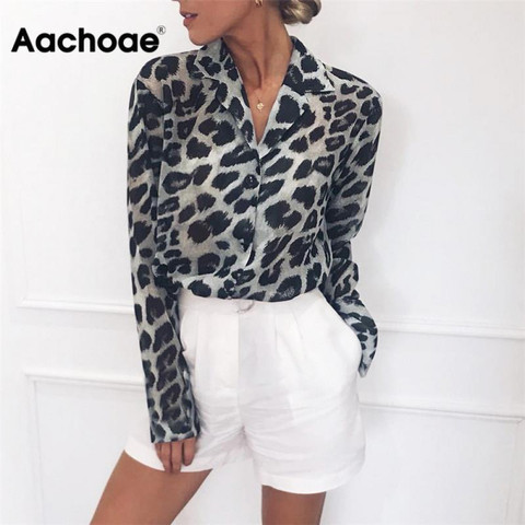 Vintage blusa Sexy de manga larga blusa estampado de leopardo Turn Down Collar dama Oficina camisa túnica tops casual sueltos de talla grande Blusas ► Foto 1/6
