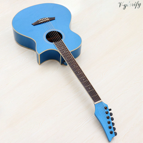 Guitarra acústica eléctrica con diseño de ángulo afilado, instrumento musical de madera de caoba con cuerpo completo de 40 pulgadas, acabado de alto brillo, color azul metalizado, 6 cuerdas ► Foto 1/6