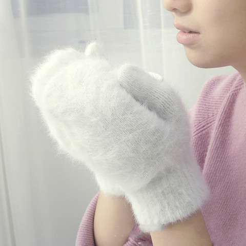 Guantes bonitos de lana de conejo para mujer, manoplas de invierno, guantes de piel sin dedos, mitones para chicas ► Foto 1/5
