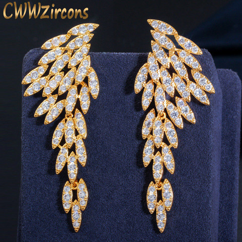 CWWZircons-pendientes colgantes largos de plumas para mujer, joyería Bohemia elegante de 18k, Circonia cúbica chapada en oro, CZ640 ► Foto 1/6