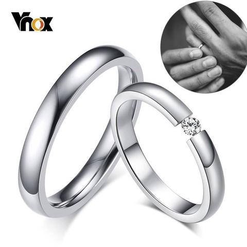 Vnox-anillos de boda de acero inoxidable finos para mujeres y hombres, bandas de compromiso que nunca se decoloran, anillo solitario de piedra CZ, 3mm ► Foto 1/6