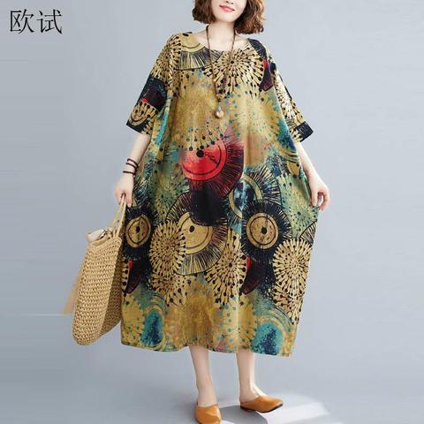 De talla grande de lino de algodón Floral Vestido de verano Vestido de las mujeres 4XL 5XL 6XL 7XL estampado Corea vestidos casuales de verano Vestido largo Vestido túnica Vestido ► Foto 1/6