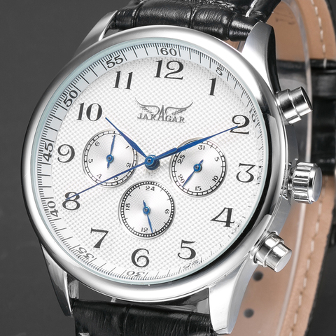 JARAGAR-Reloj de pulsera clásico para hombre, con esfera blanca y manos azules, reloj mecánico automático con fecha y 24 horas de correa de cuero genuino ► Foto 1/6