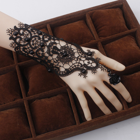 Conjunto de anillo y pulsera Retro con flores de encaje negro, accesorios para mujer, guantes negros para fiesta en casa, adornos blancos ► Foto 1/5