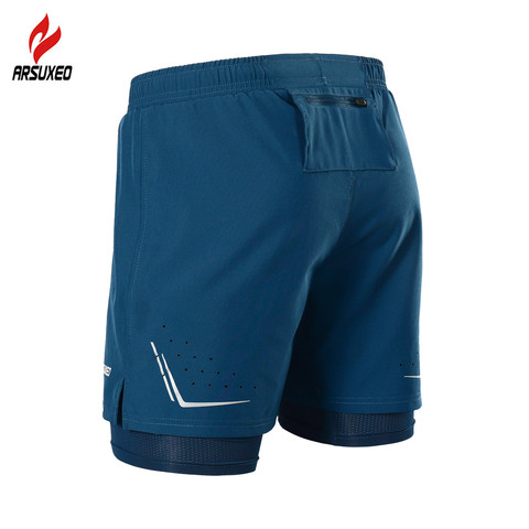 Pantalones cortos ARSUXEO 2 en 1 para hombre, pantalones cortos reflectantes de compresión seca y rápida para correr, gimnasio, Fitness, Maratón, pantalones cortos deportivos con bolsillo con cremallera ► Foto 1/6