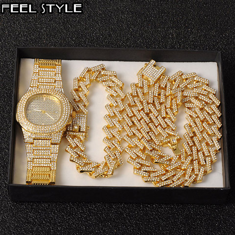 Reloj + cadena + pulsera Hip Hop Bling cristal con diamantes 15MM Cuban pavimentado Rhinestone Miami Zircon collares para hombres joyería ► Foto 1/6