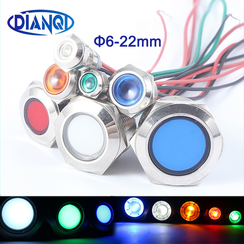 6mm 8mm 10mm 12mm impermeable IP67 LED de Metal Indicador de advertencia luz señal lámpara piloto cable 3V 5V 12V 24V 110V 220V rojo azul ► Foto 1/4