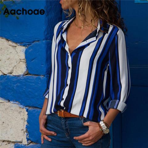 Aachoae-Blusa informal de Chifón con manga larga para mujer, camisa a rayas con cuello vuelto, talla grande ► Foto 1/6