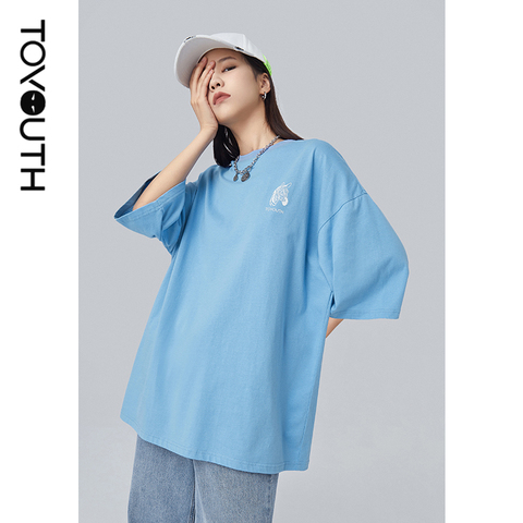 Toyouth-Camiseta de manga corta con cuello redondo para mujer, camisetas divertidas con estampado luminoso, Tops holgados con hombros descubiertos 2022 ► Foto 1/5