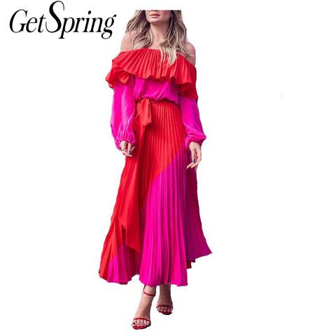 Vestido de mujer GetSpring con cuello barco vestidos con hombros descubiertos vestidos de verano de talla grande ajustado de retales plisado vestido largo ► Foto 1/6