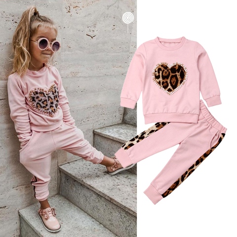 Conjunto de chándal de otoño e invierno para niños de 1 a 5 años, ropa para niñas pequeñas, Tops de leopardo de manga larga rosa, trajes con pantalones largos ► Foto 1/6