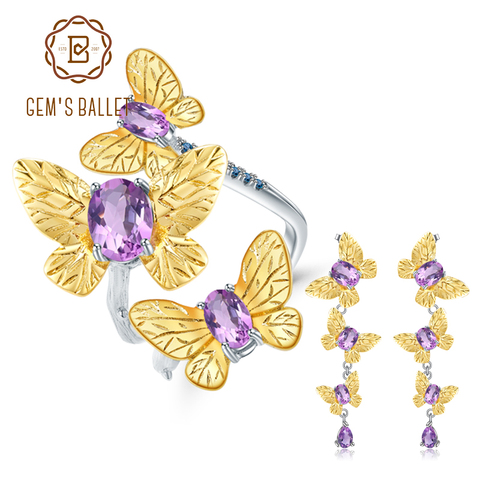 GEM'S BALLET-pendientes de plata de ley 925 con amatista Natural, joyería fina hecha a mano, con forma de mariposa, con anillo, juegos de joyas para mujer ► Foto 1/6