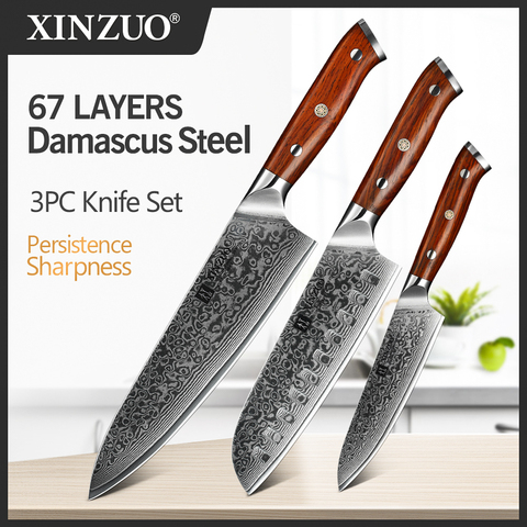 XINZUO-3 uds. De cuchillos Juego de Cuchillos de Cocina de acero damasco, Santoku, de utilidad profesional, para Chef, con mango de palisandro, cubiertos de acero inoxidable ► Foto 1/1