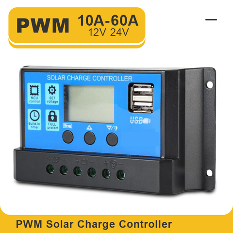 Controlador de carga solar automático, 60A/50A/40A/30A/20A/10A, 12V, 24V, controladores PWM, LCD, USB dual, 5V, salida de regulador de panel solar, PV ► Foto 1/6