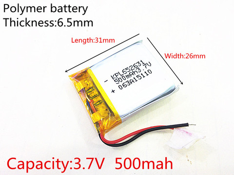 3,7 V 500mAh 652631 de polímero de litio LiPo ion-litio batería recargable para Mp3 MP4 MP5 GPS PSP electrónicos bluetooth parte ► Foto 1/3