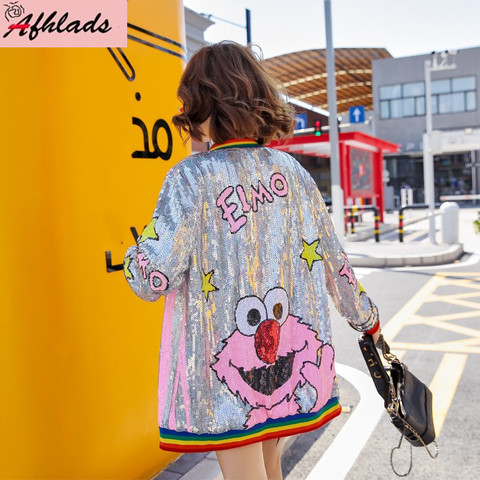 Lentejuelas de impresión de dibujos animados chaqueta nueva de primavera y otoño de Corea suelto moda abrigos manga larga chaquetas de Hip Hop ► Foto 1/6