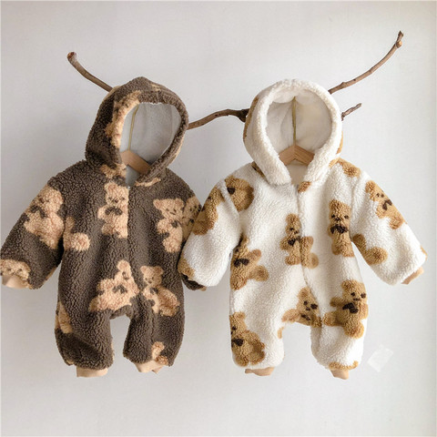 Peleles gruesos de lana con impresión de caricatura de oso para bebé recién nacido, ropa cálida con capucha para niño y niña ► Foto 1/6