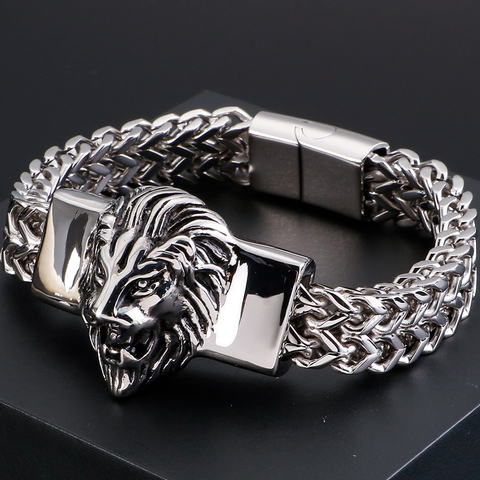 Pulsera de Metal con cabeza de león para hombre, brazalete de acero inoxidable 316L, cadena de serpiente ancha de 12MM, amuleto, amigos, joyería de mano, Hip Hop ► Foto 1/6