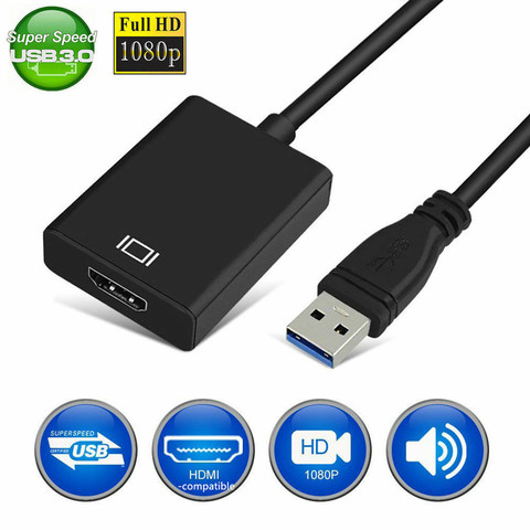 Tarjeta de vídeo externa USB 3,0 a HDMI, compatible con Cable Adaptador convertidor USB a HD, adaptador de Monitor múltiple para ordenador portátil Windows 7/8/10 ► Foto 1/6